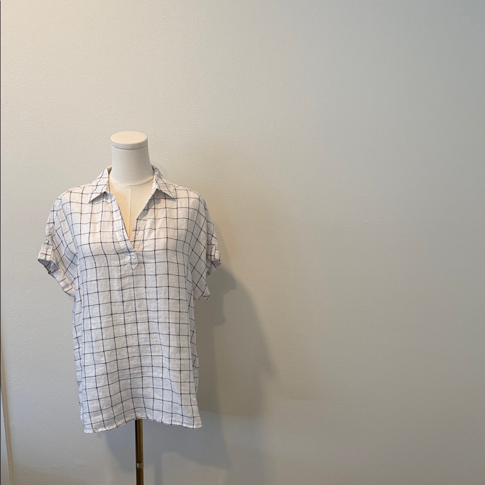 Tahari 100% Linen Windowpane Short Sleeve Blouse Size S